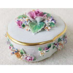 Porcelain Box Vintage Oval Lid raised painted Floral motif Portugal white